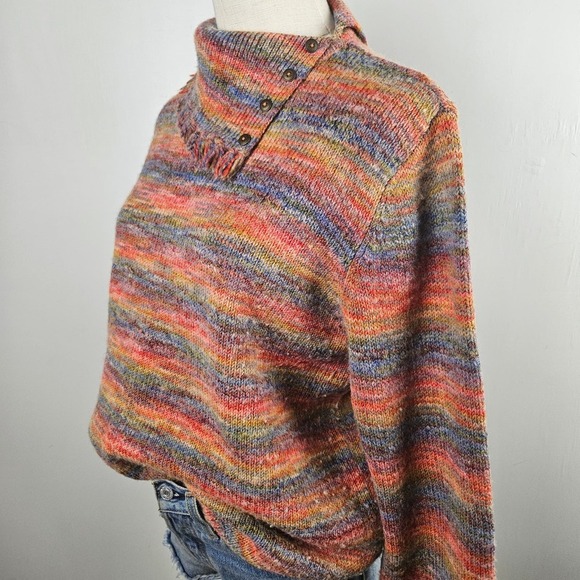 Rainbow Marled Fringe Neck Wool Blend Sweater M Button Cowl - Picture 2 of 11